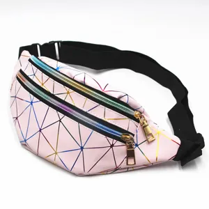Pink laser geometric pattern PU leather sports waist bag with multi-layer gold zippers