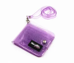 Purple glitter transparent PVC wallet with neck strap and snap button detail