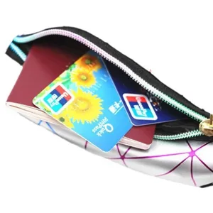Reflective silver holographic geometric fanny pack showing large storage capacity