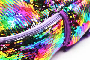 Close-up macro view of vibrant rainbow sequins and purple zipper on a cute girls backpack