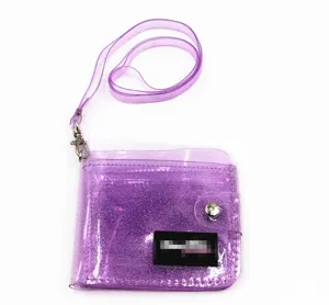 Close-up of purple glitter transparent PVC neck-hanging card holder wallet