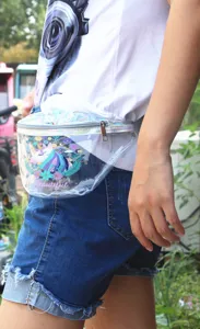 Clear PVC waist bag with colorful unicorn print and 'Beautiful' text for outdoor sports.