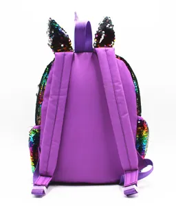 Rear view of purple unicorn backpack featuring adjustable straps and rainbow sequins