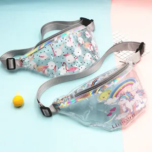 Fashion Transparent PVC Waist Bag For Women Girls Cartoon Unicorn Flamingo Pattern Waterproof Fanny Pack Laser Trim Travel Sport Chest Bag