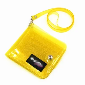 Bright yellow transparent glitter PVC card holder wallet with neck lanyard strap