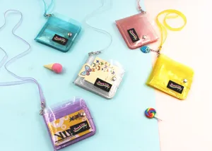 Collection of colorful glitter transparent PVC card holders with neck straps in various colors