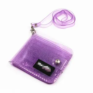Purple glitter PVC folding neck wallet with clear lanyard and card holder