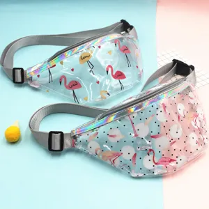 Fashionable transparent PVC waist bag with pink flamingo patterns and laser trim for girls