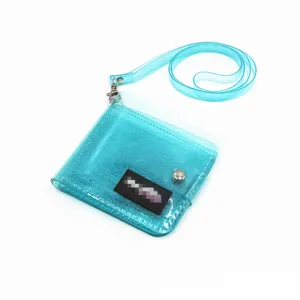 Stylish glittery blue transparent PVC folded neck hanging small wallet card holder