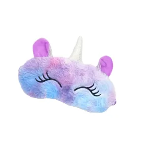 Plush unicorn sleep eye mask with colorful gradient fur and silver horn