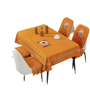 Yellow velvet dining table cloth and chair covers set, elegant embroidered home decor.