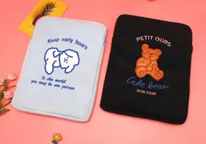 Close-up of cute cartoon bear embroidery on blue and black laptop sleeves
