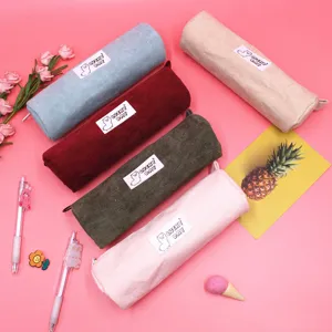Korean Ins Style Corduroy Pencil Case Large Capacity Stationery Pouch With Alpaca Tag Literary Minimalist Makeup Storage Bag For Students Office