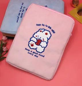 Cute plush laptop sleeve with cartoon rabbit embroidery and inspirational text