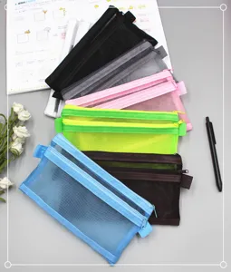 Colorful double-layer mesh pencil pouches for stationery and cosmetic storage