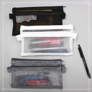 Detailed view of three mesh pencil cases with dual zippers in black, white, and grey.