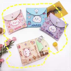 Set of four cute animal patterned sanitary napkin storage bags with snap closures.