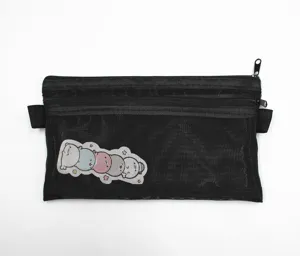 Black double-layer mesh pencil case with cute cartoon animal characters detail view