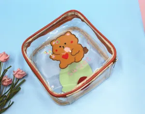Dettaglio della borsa cosmetica trasparente con un simpatico orsetto e la scritta Sweet