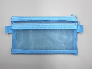 Close-up of a double-layer blue mesh pencil bag with dual zippers for stationery storage.