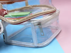 Dettaglio di una borsa da toilette in PVC trasparente con cerniera bianca resistente.