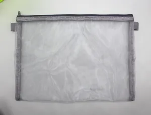 Bolsa de malla gris transparente A4 con cremallera para guardar material de oficina