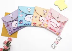 Detailed view of four cute cartoon sanitary napkin storage bags in pastel colors