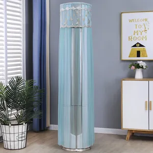 Decorative blue lace cylindrical air conditioner dust cover in a modern living room setting