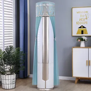 Detailed view of a blue lace cylindrical air conditioner cover in a modern room setting
