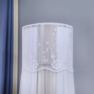 Close-up of elegant white lace floral embroidery on a vertical air conditioner dust cover