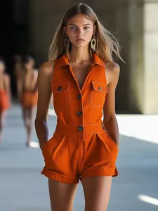 Close-up detail of the summer sleeveless V-neck front button orange romper shorts style.