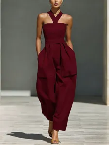 Detailed view of the women's linen blend crisscross halter neck loose casual jumpsuit.