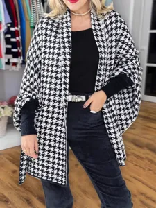 Women's autumn winter black white houndstooth knitted cape poncho shawl dual use cozy wrap.