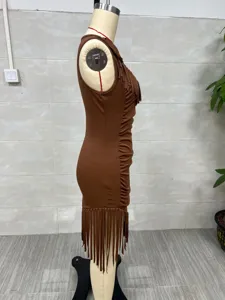 Side view of a brown Western-style fringe sleeveless dress on a mannequin