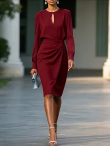 Elegant Women Solid Color Pleated Waist Long Sleeve Round Neck Keyhole Midi Dress