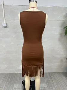 Detailed back view of a vintage brown western style sleeveless bodycon dress with fringe detail