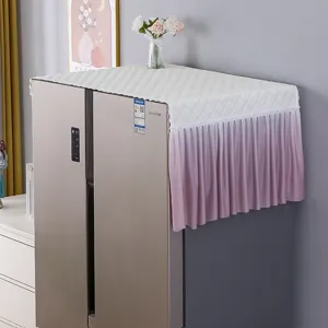 Refrigerator dust cover scene display, white quilted top with pink pleated skirt.