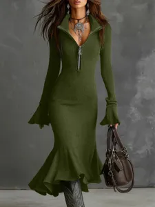 Women long sleeve green knit dress zip collar bell sleeve fishtail hem elegant main view