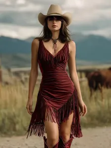 Vintage western style deep V-neck burgundy fringe bodycon camisole dress for women