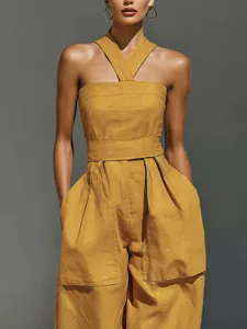 Women linen blend crossover halter neck loose jumpsuit with large pockets main view
