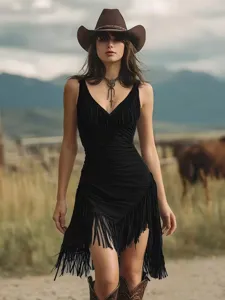Detailed view of the black fringe tassel hem and western retro styling of the dress.