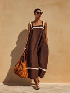 Women's Casual Loose Polyester Square Neck Sleeveless Striped Colorblock Midi Dress With Pockets For Summer Vacation Daily