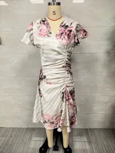 Women's V-neck short sleeve floral printed ruched midi dress casual elegant party wear