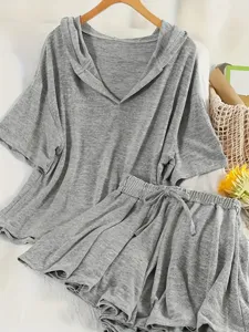 Set di Top e Pantaloncini a Maniche Corte con Cappuccio Casual da Donna Largo Taglie Forti Outfit Estivo a Due Pezzi