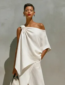 Close-up detail of white one-shoulder top with decorative knot and elegant asymmetrical drape