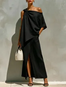 Elegant black one-shoulder fashion dress set with front slit and knot detail design