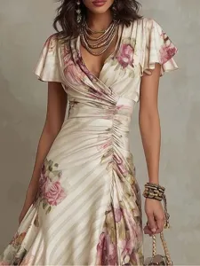 Elegant floral print V-neck ruched women dress fashion casual short sleeve summer apparel