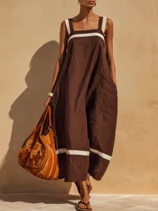 Square neck brown cotton-linen blend striped sleeveless casual maxi dress with pockets