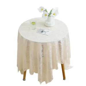 Nappe élégante en dentelle blanche avec broderie florale pour table ronde de salon
