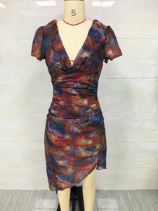 Elegant abstract oil painting print slim fit V-neck dress with ruched waist and asymmetric hem
